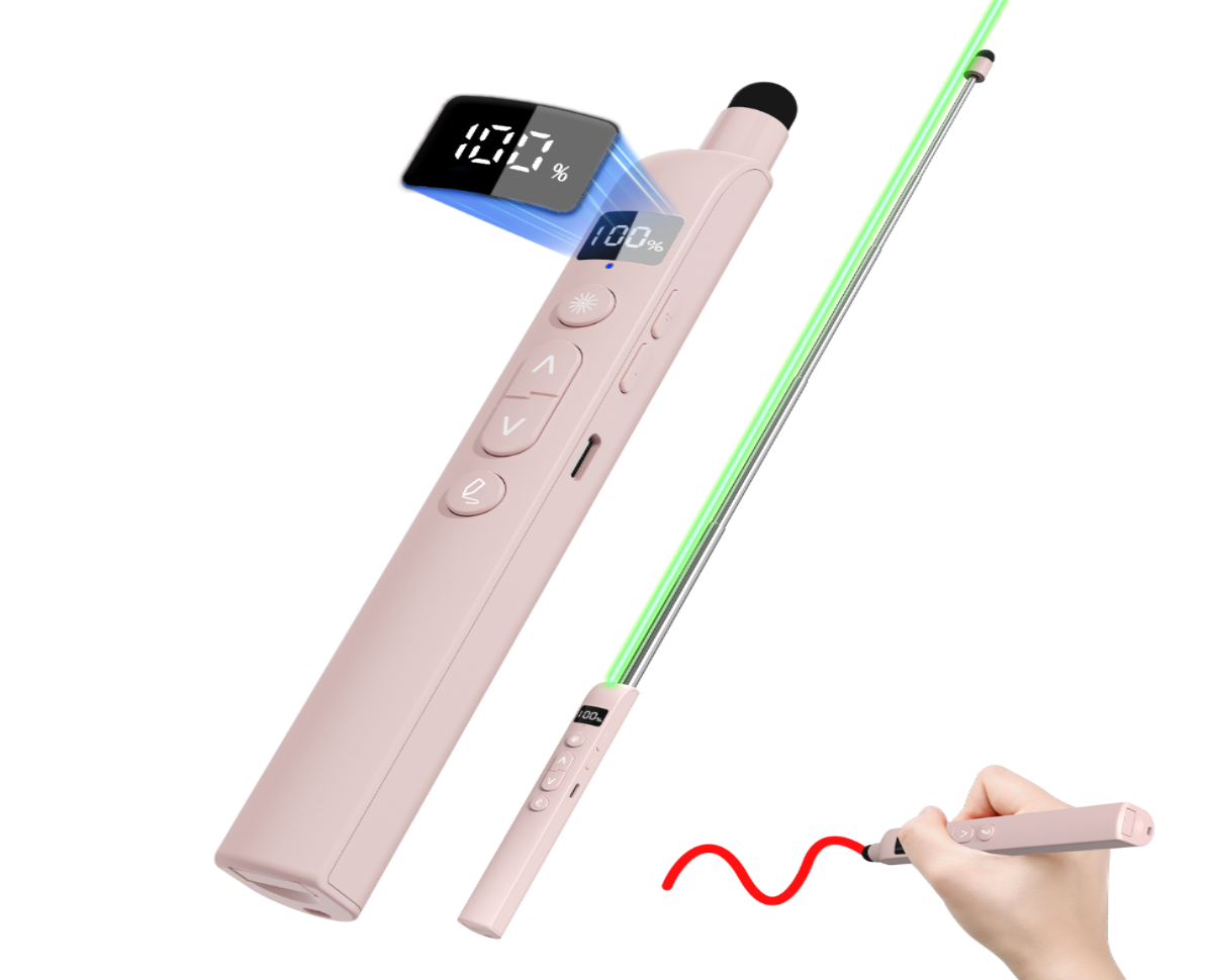ASING Rechargeable Wireless Presentation Clicker with Telescopic Pointer Stick,Presenter Remote Light Pointer with Touch Screen Stylus Pen and Digital Display on MAC, PC, and Laptops