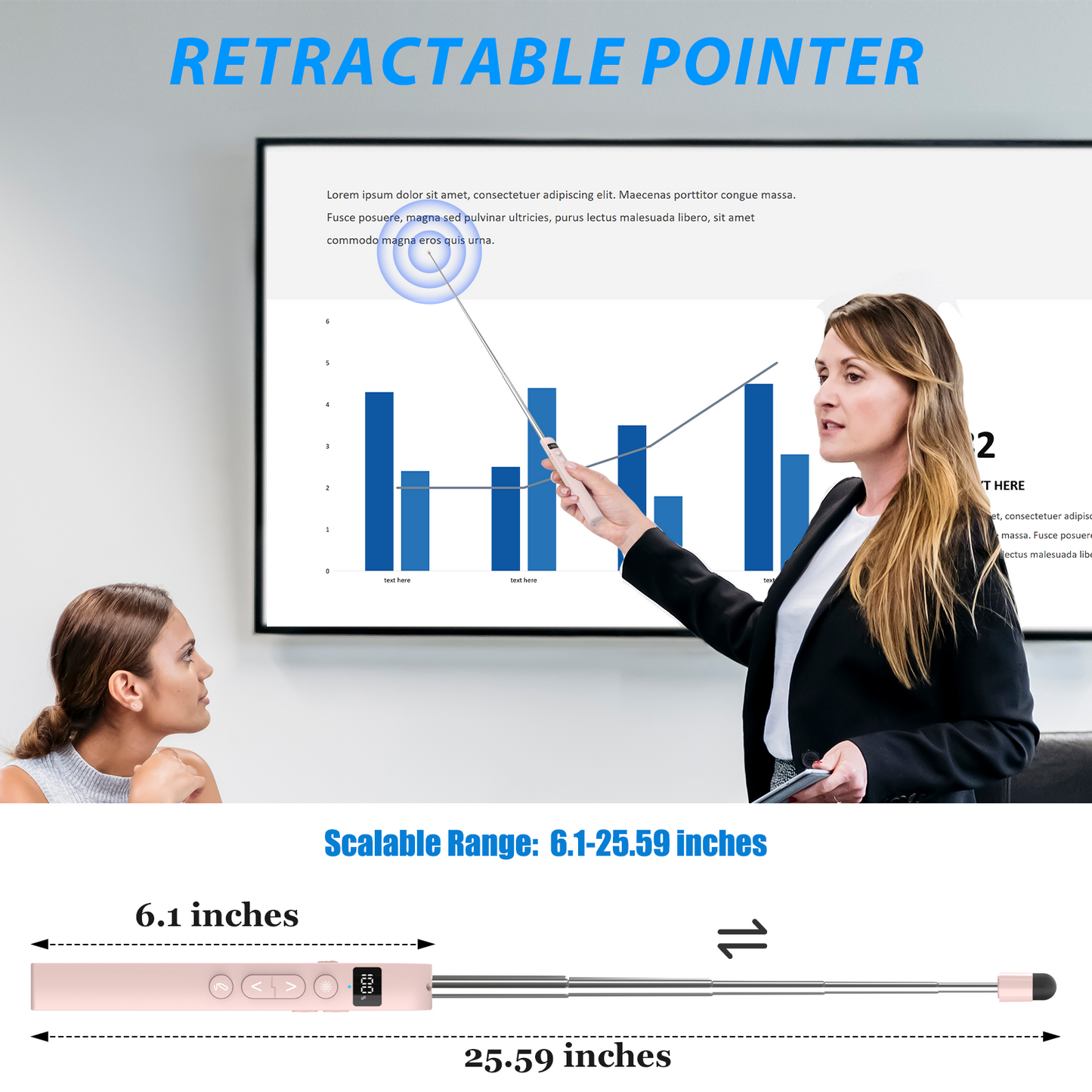 ASING Rechargeable Wireless Presentation Clicker with Telescopic Pointer Stick,Presenter Remote Light Pointer with Touch Screen Stylus Pen and Digital Display on MAC, PC, and Laptops