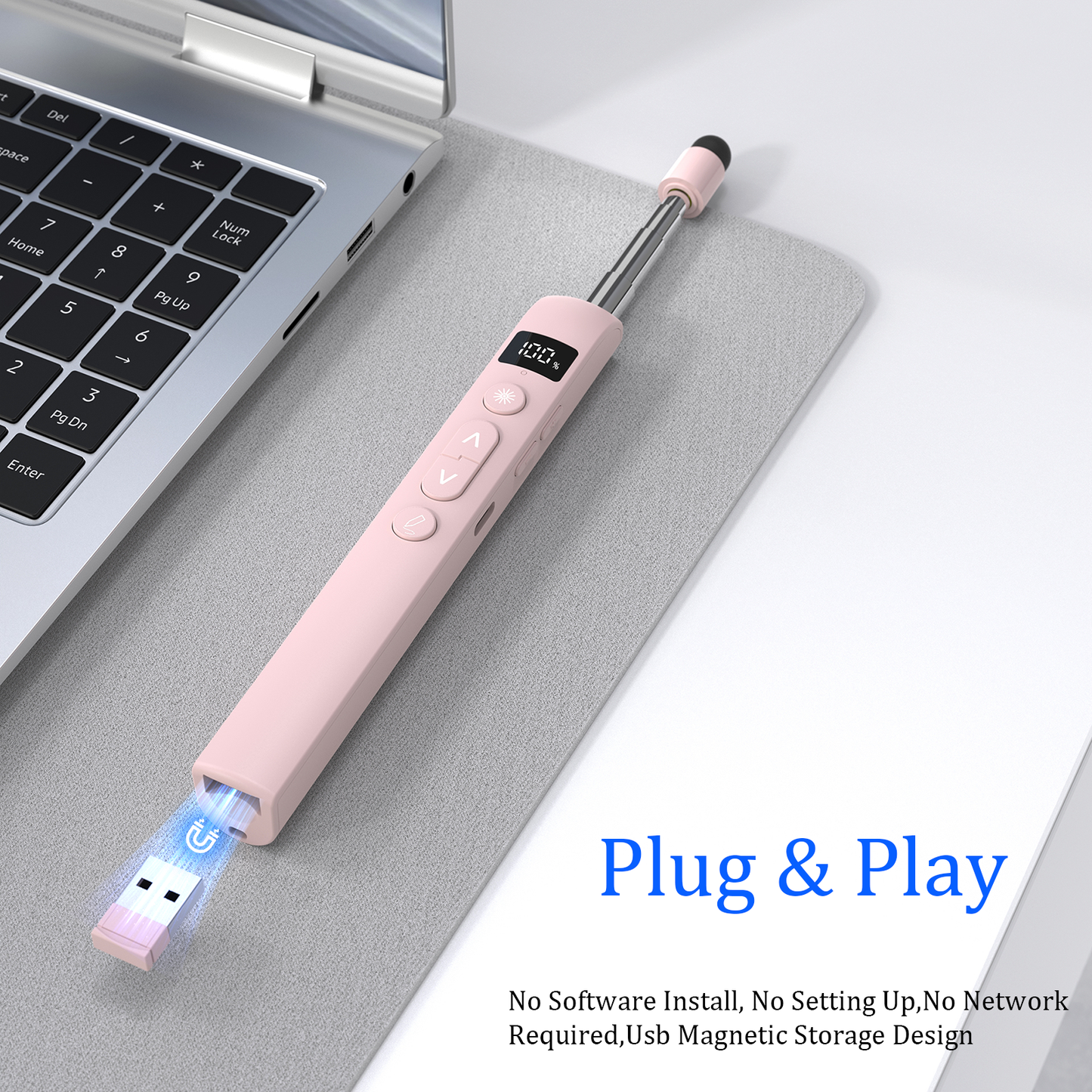 ASING Rechargeable Wireless Presentation Clicker with Telescopic Pointer Stick,Presenter Remote Light Pointer with Touch Screen Stylus Pen and Digital Display on MAC, PC, and Laptops
