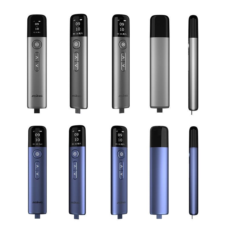 Multiple angles of gray and blue colored wireless presenters