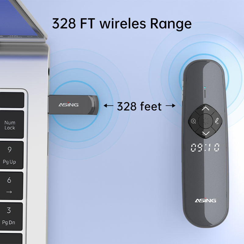 ASING 328ft Ultra-Long Distance Green Laser Pointer Remote 32GB USB for Storage & Transfer, Timing Display Presentation Remotes for Indoor Meetings, Presentation, Cat Toys, Mac, Computer and Outdoor