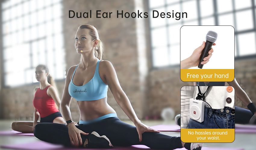 Yoga teacher is taking yoga class wearing a wireless headset microphone